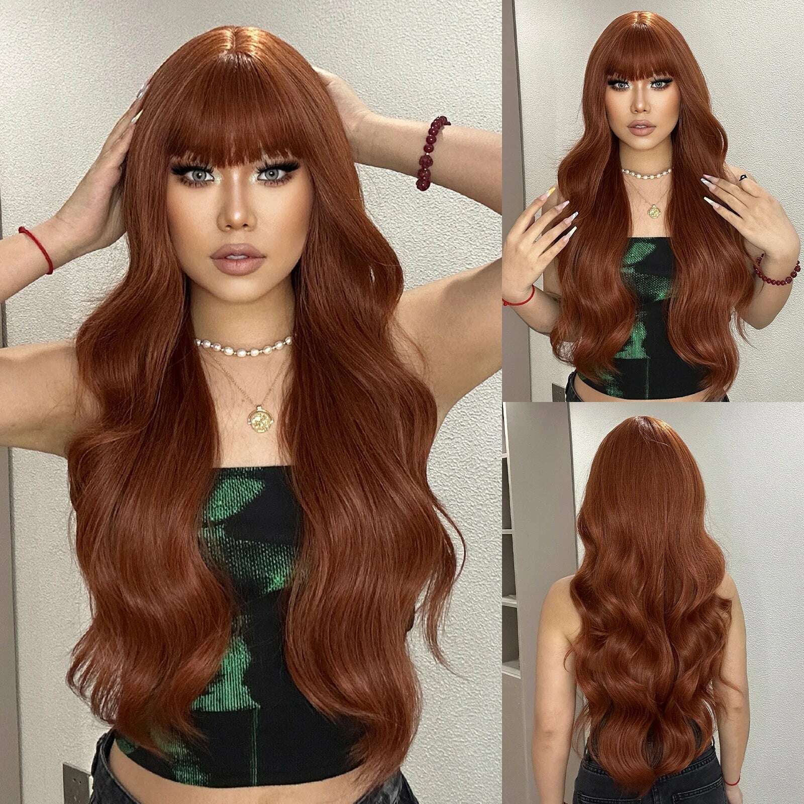 Ombre Red Brown Synthetic Wig with Bangs Long Wavy Copper Brown Women Wigs Natural Hair Cosplay Daily Use Wig Heat Resistant - KIMLUD