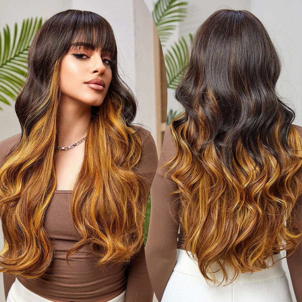 Ombre Red Brown Synthetic Wig with Bangs Long Wavy Copper Brown Women Wigs Natural Hair Cosplay Daily Use Wig Heat Resistant - KIMLUD