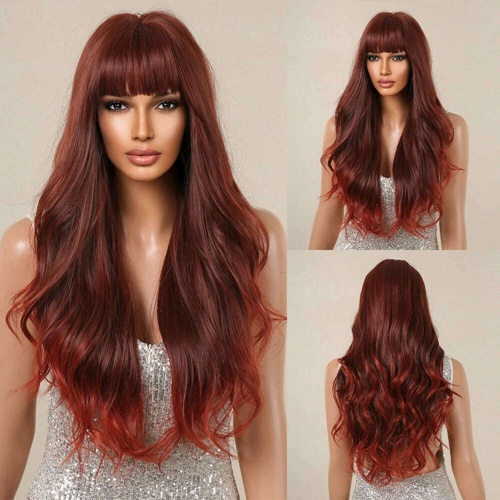 Ombre Red Brown Synthetic Wig with Bangs Long Wavy Copper Brown Women Wigs Natural Hair Cosplay Daily Use Wig Heat Resistant - KIMLUD