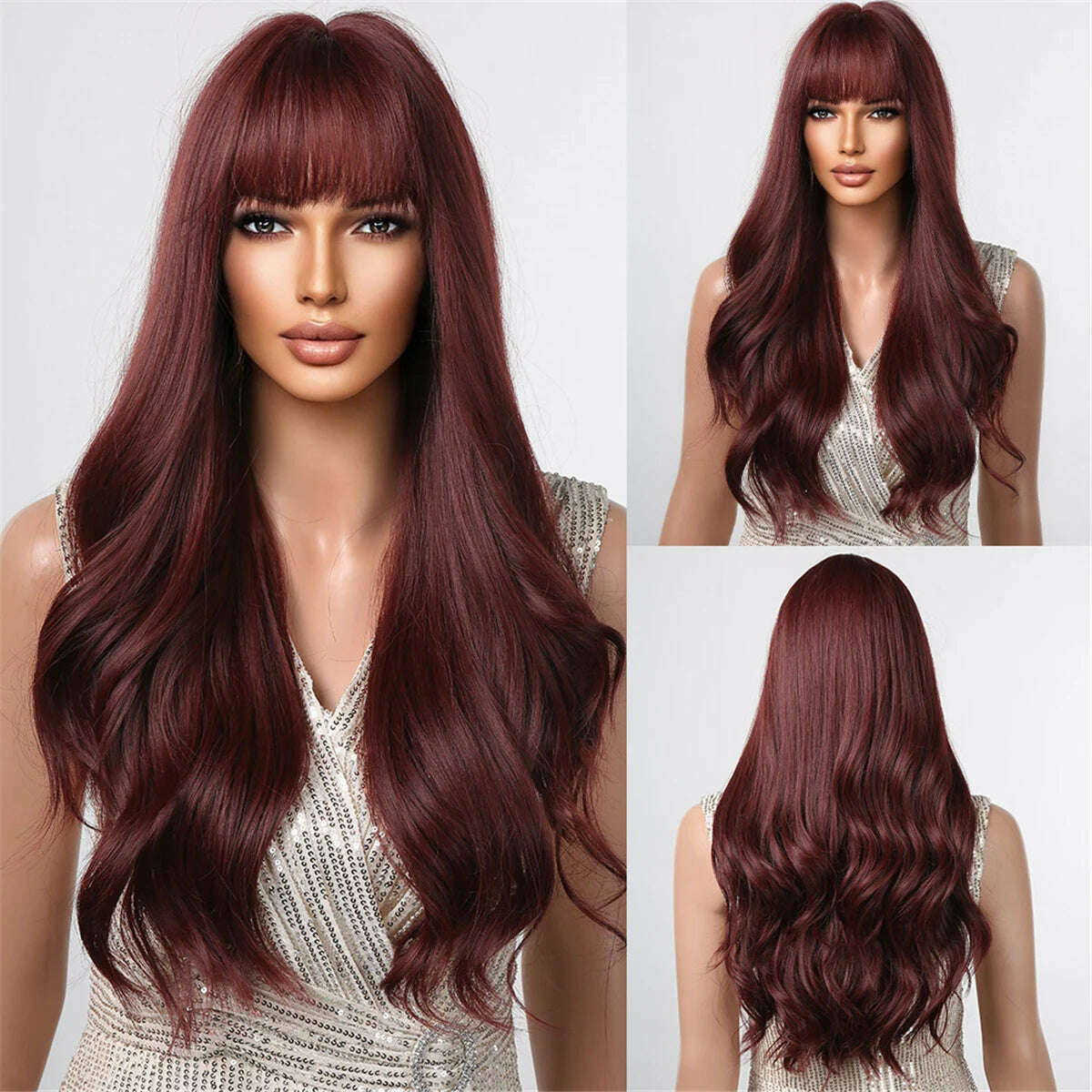 Ombre Red Brown Synthetic Wig with Bangs Long Wavy Copper Brown Women Wigs Natural Hair Cosplay Daily Use Wig Heat Resistant - KIMLUD