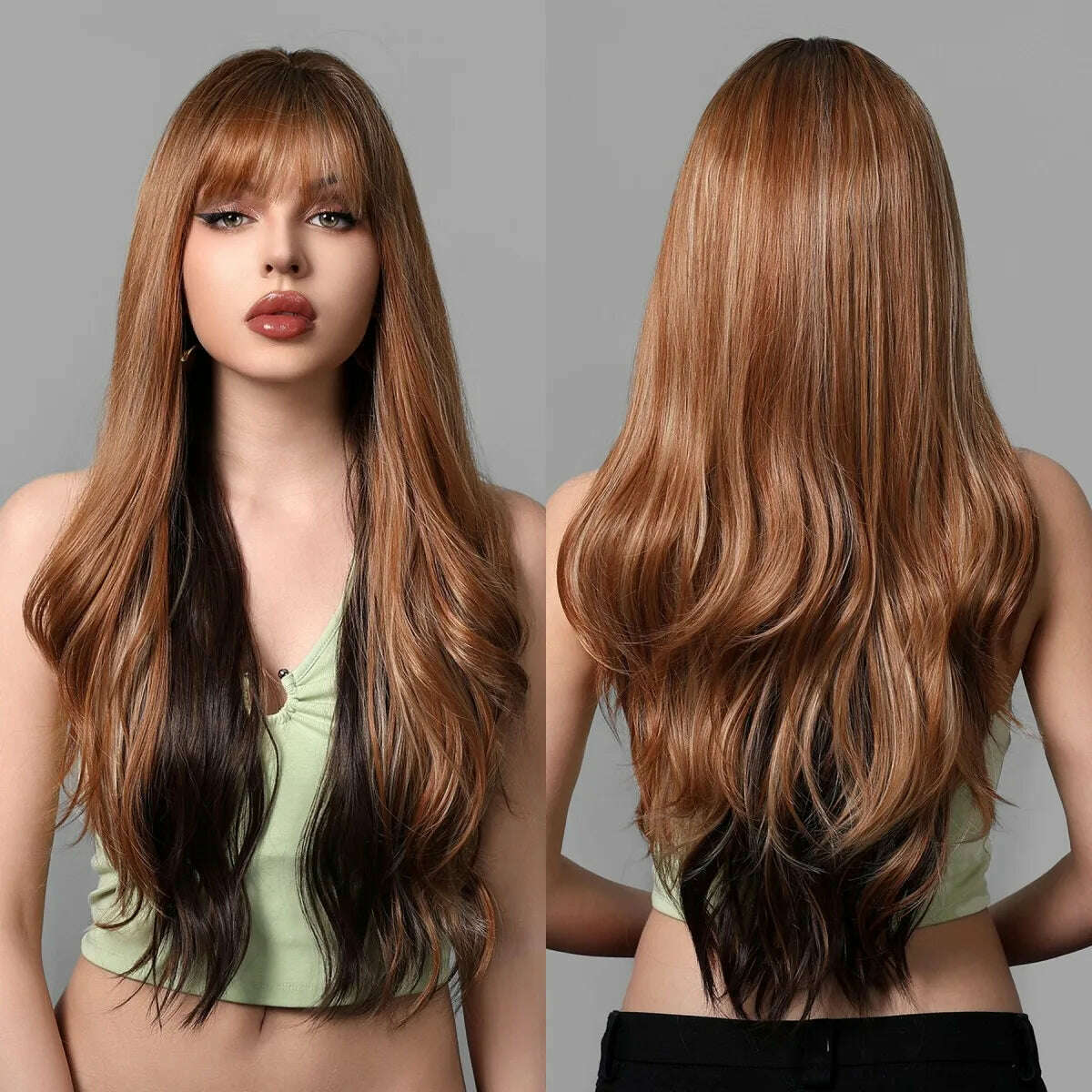 Ombre Red Brown Synthetic Wig with Bangs Long Wavy Copper Brown Women Wigs Natural Hair Cosplay Daily Use Wig Heat Resistant - KIMLUD
