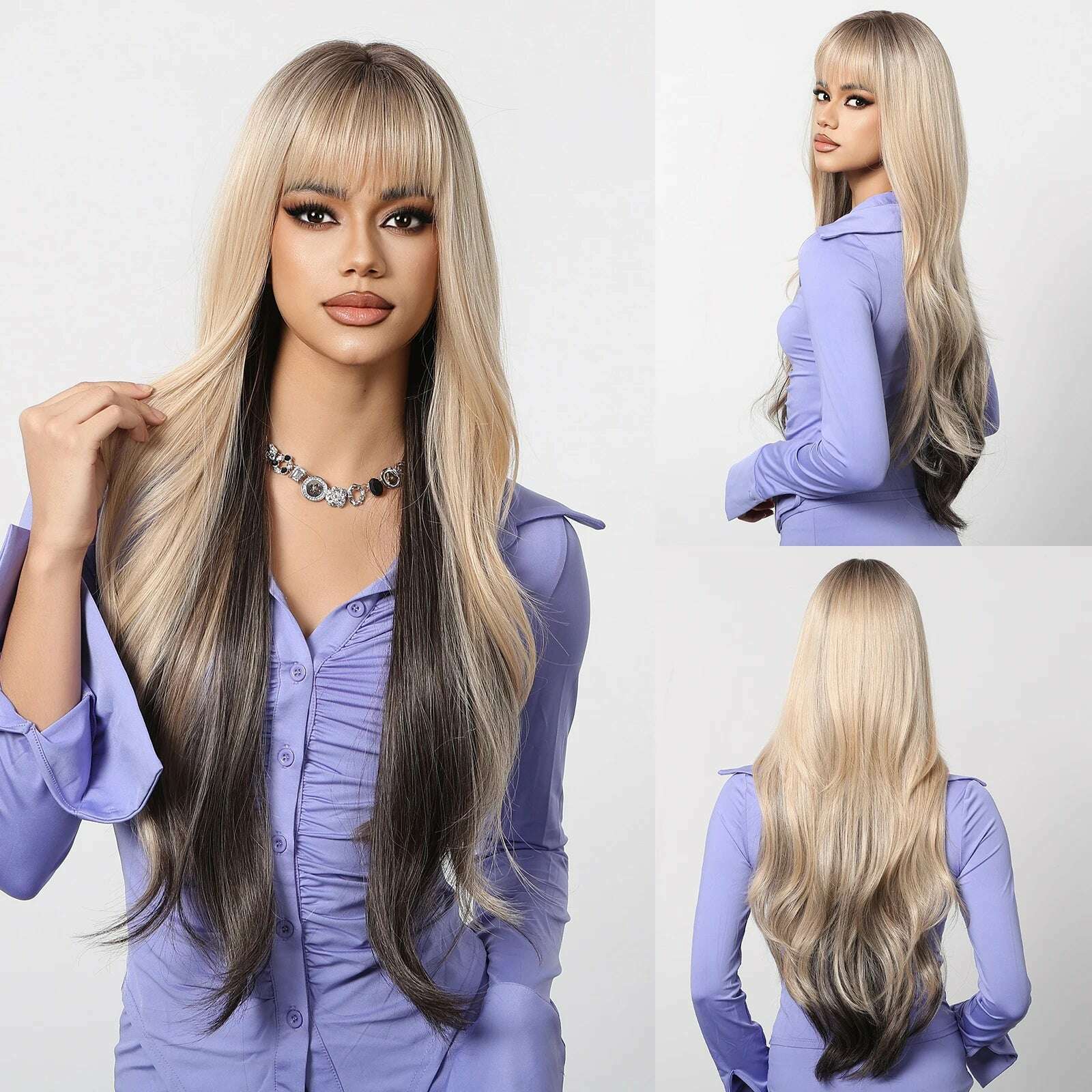 Ombre Red Brown Synthetic Wig with Bangs Long Wavy Copper Brown Women Wigs Natural Hair Cosplay Daily Use Wig Heat Resistant - KIMLUD