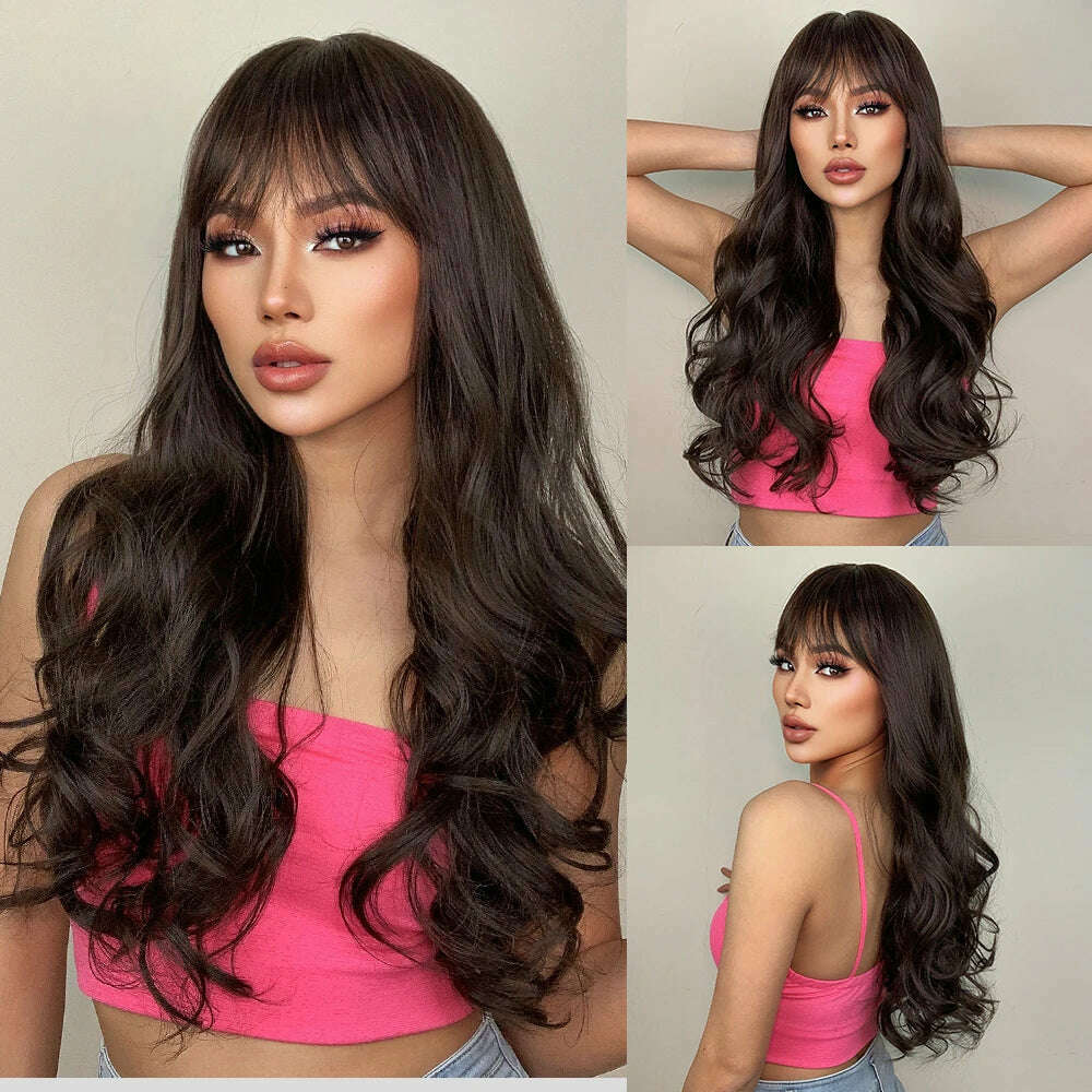 Ombre Red Brown Synthetic Wig with Bangs Long Wavy Copper Brown Women Wigs Natural Hair Cosplay Daily Use Wig Heat Resistant - KIMLUD