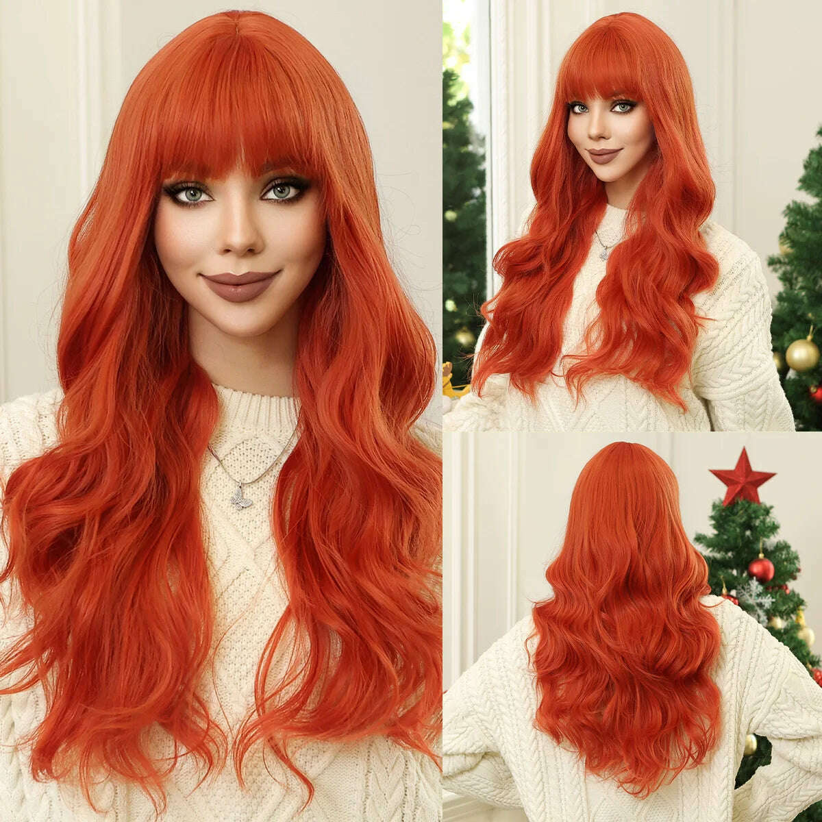 Ombre Red Brown Synthetic Wig with Bangs Long Wavy Copper Brown Women Wigs Natural Hair Cosplay Daily Use Wig Heat Resistant - KIMLUD