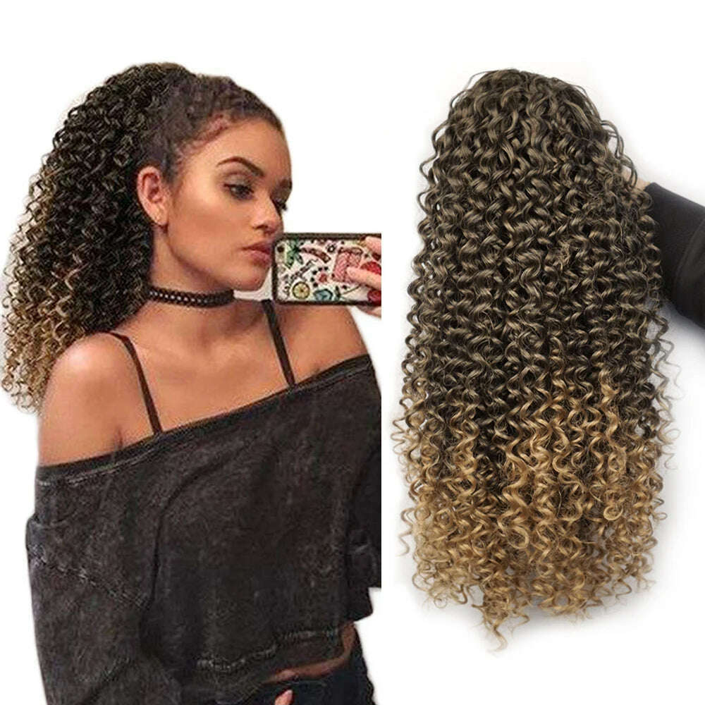 Ombre Synthetic Drawstring Puff Ponytail Extensions Afro Wavy 16 Inch Clip In Ponytail Hair Curly Black Brown Blonde - KIMLUD