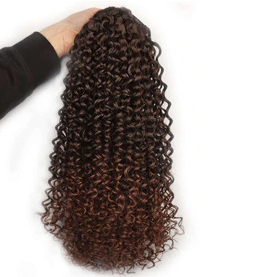 Ombre Synthetic Drawstring Puff Ponytail Extensions Afro Wavy 16 Inch Clip In Ponytail Hair Curly Black Brown Blonde - KIMLUD