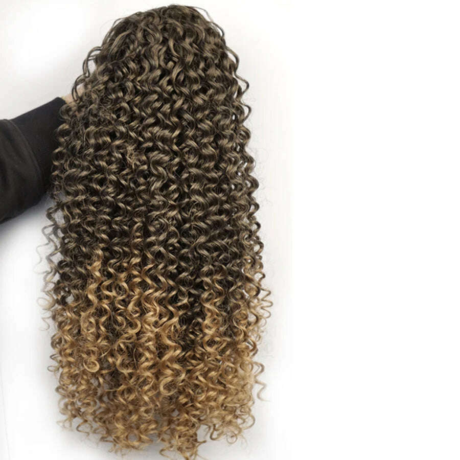 Ombre Synthetic Drawstring Puff Ponytail Extensions Afro Wavy 16 Inch Clip In Ponytail Hair Curly Black Brown Blonde - KIMLUD