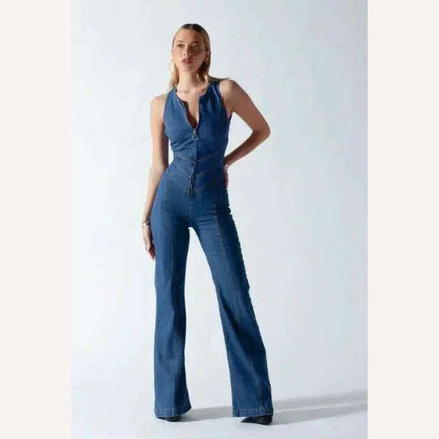 KIMLUD, One Piece Denim Jumpsuit Summer New Slim Thin Backless High Waist Overalls Jeans Sleeveless Zipper V Neck Rompers Long Pants, KIMLUD Womens Clothes