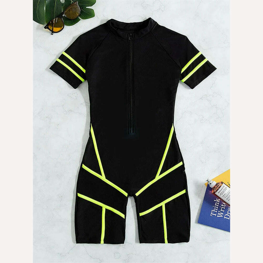 KIMLUD, One Piece Swimsuit Women 2023 New Black Short Sleeves Swimwear Sexy Bodysuit Monokini Summer Beach Wear Bathing Suit For Female, green / L / CHINA, KIMLUD Womens Clothes