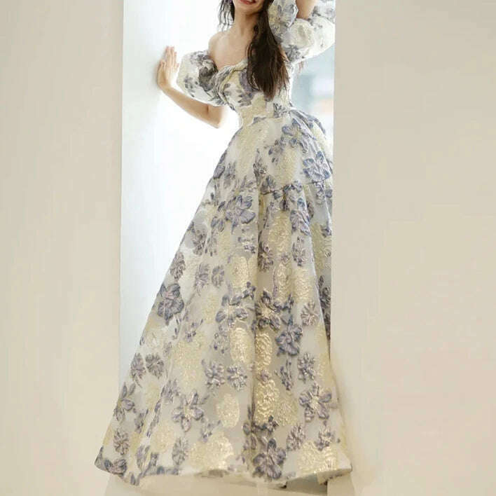 KIMLUD, One Shoulder Flower Prinrted Stain Wedding Party Dresses Puff Sleeve Suqare Collar Slim Fit Prom Vestidos Elegant Evening Dress, picture color / S, KIMLUD APPAREL - Womens Clothes