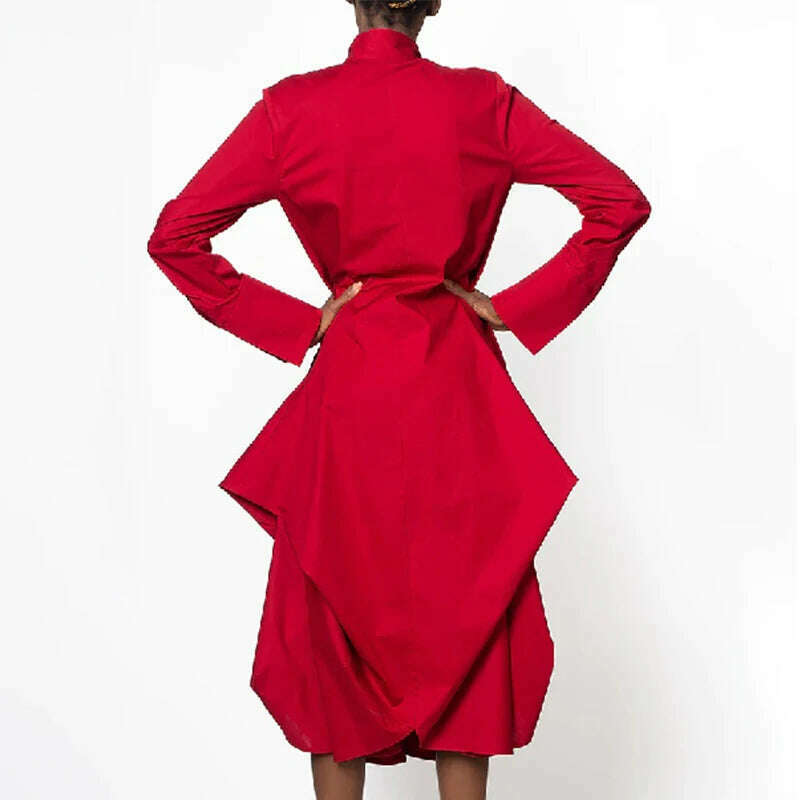 Onecozyday 2024 Stylish Female Elegant Party Red Dress Solid Color Long Sleeves Stand-Collar Loose Prom Midi Dresses For Women - KIMLUD