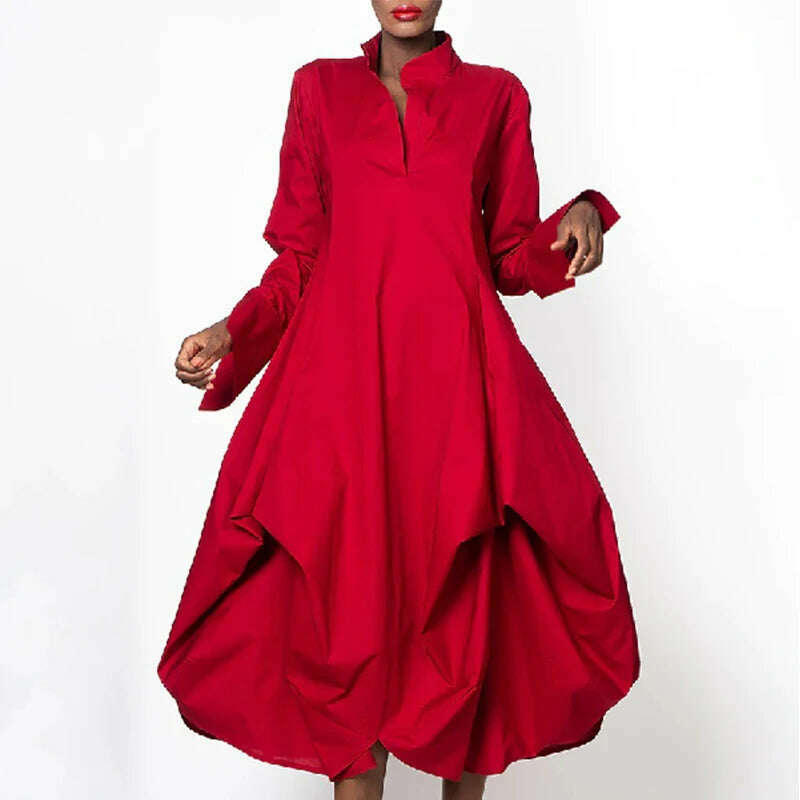 Onecozyday 2024 Stylish Female Elegant Party Red Dress Solid Color Long Sleeves Stand-Collar Loose Prom Midi Dresses For Women - KIMLUD