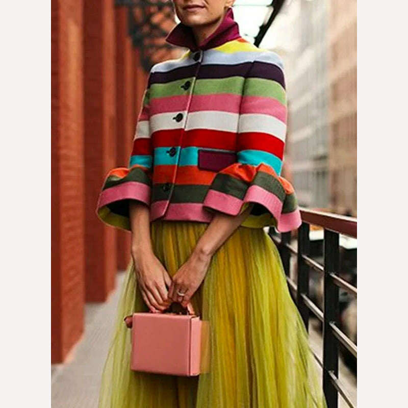 KIMLUD, Onecozyday England Style Fashion Flared Sleeves Multi-Colored Striped Lapel Jackets Elegant Birthday Party Outerwear For Women, KIMLUD Womens Clothes