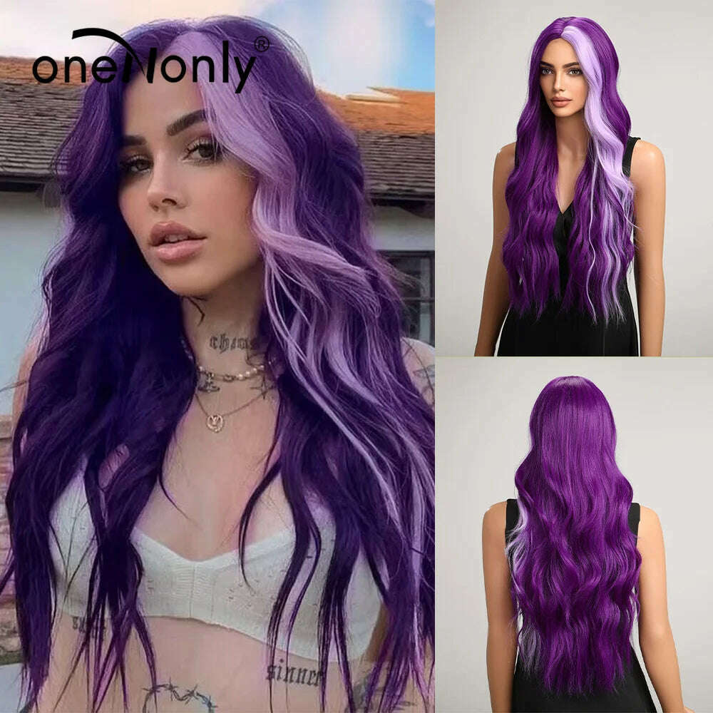 KIMLUD, oneNonly Long Purple Wig Synthetic Wigs for Women Wave Cosplay Party Halloween Wig High Quality Hair, KIMLUD Womens Clothes
