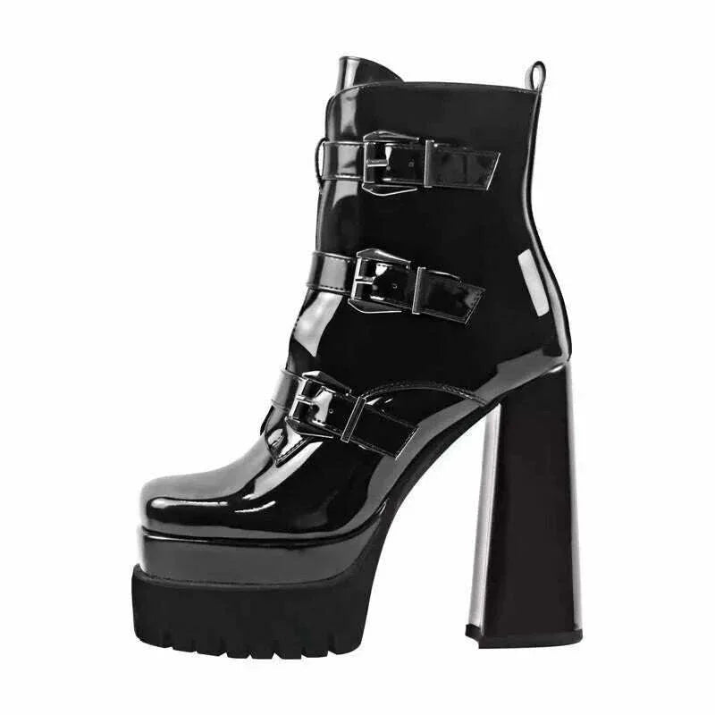Onlymaker Black Square Toe Booties Double Platform Strap Buckle Side Z