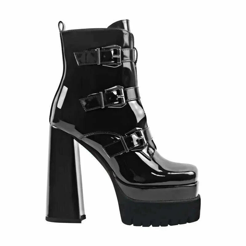 KIMLUD, Onlymaker Black Square Toe Booties Double Platform Strap Buckle Side Zip Patent Leather Fashion Party Dress Ankle Boots, KIMLUD Womens Clothes