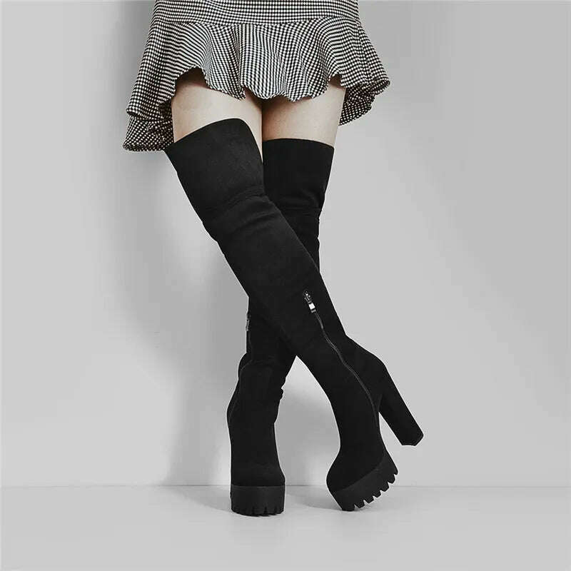 KIMLUD, Onlymaker Over The Knee Boots Women Black Platform High Heel Stiletto High Zipper Plus Size Handmade Boots, KIMLUD Womens Clothes