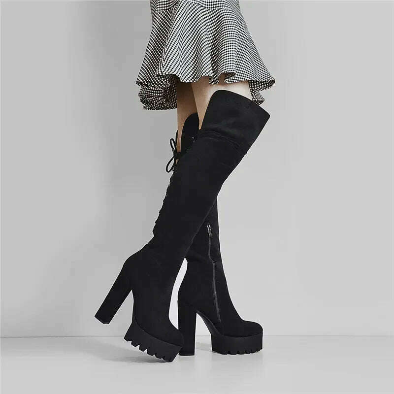KIMLUD, Onlymaker Over The Knee Boots Women Black Platform High Heel Stiletto High Zipper Plus Size Handmade Boots, KIMLUD Womens Clothes
