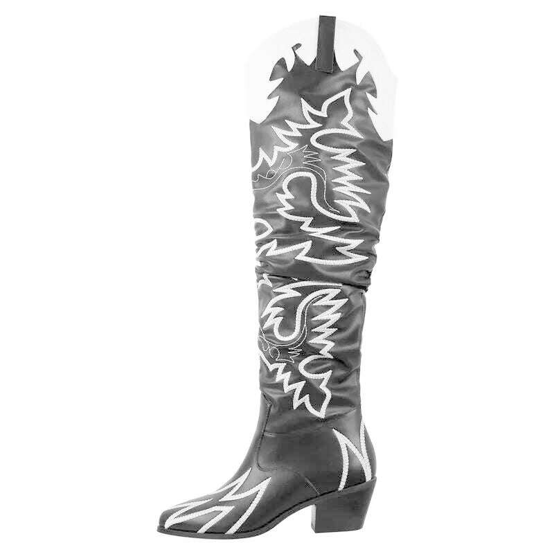 KIMLUD, Onlymaker Woman Knee High Boots Western Cowboy Boots Wide Calf Embroidered Women Pointed Toe Block Heel Pull-On Cowgirl Boots, KIMLUD Womens ClothesKIMLUD, Onlymaker Woman Knee High Boots Western Cowboy Boots Wide Calf Embroidered Women Pointed Toe Block Heel Pull-On Cowgirl Boots, CD221010A / 5, KIMLUD APPAREL - Womens Clothes