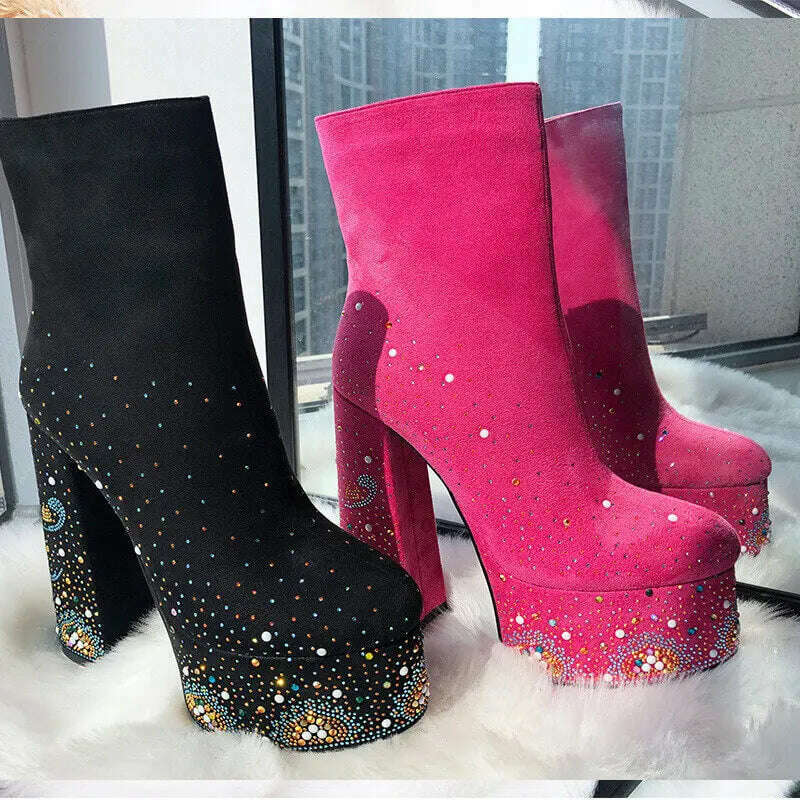 KIMLUD, Onlymaker Women Ankle Boots Platform Round Toe Block Chunky High Heel Black Thick Party Dress Rhinestone Zip Boots, KIMLUD Womens Clothes