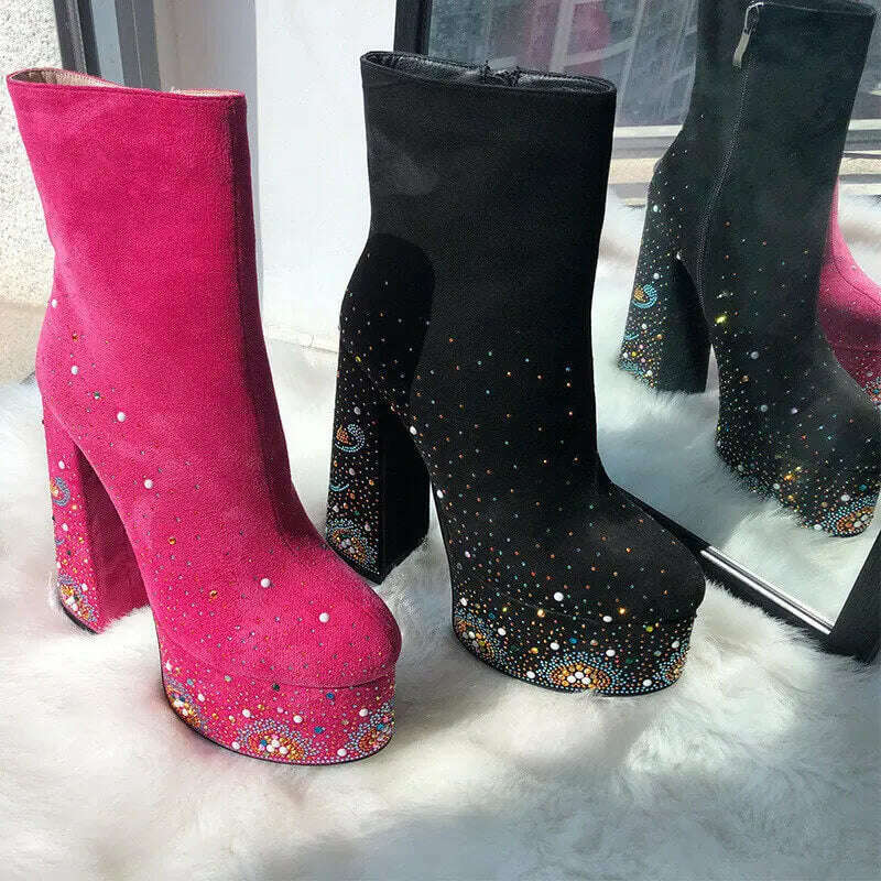 KIMLUD, Onlymaker Women Ankle Boots Platform Round Toe Block Chunky High Heel Black Thick Party Dress Rhinestone Zip Boots, KIMLUD Womens Clothes