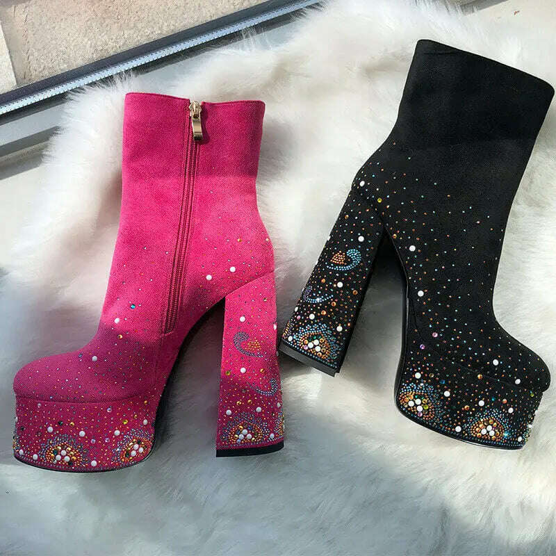 KIMLUD, Onlymaker Women Ankle Boots Platform Round Toe Block Chunky High Heel Black Thick Party Dress Rhinestone Zip Boots, KIMLUD Womens Clothes