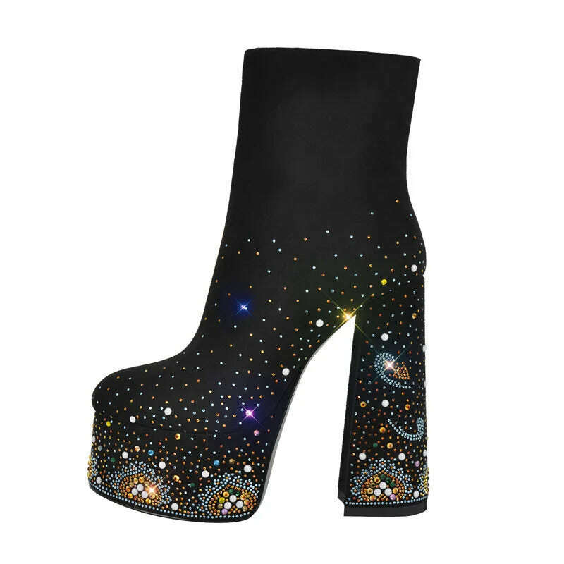 KIMLUD, Onlymaker Women Ankle Boots Platform Round Toe Block Chunky High Heel Black Thick Party Dress Rhinestone Zip Boots, CD230221A / 5, KIMLUD APPAREL - Womens Clothes