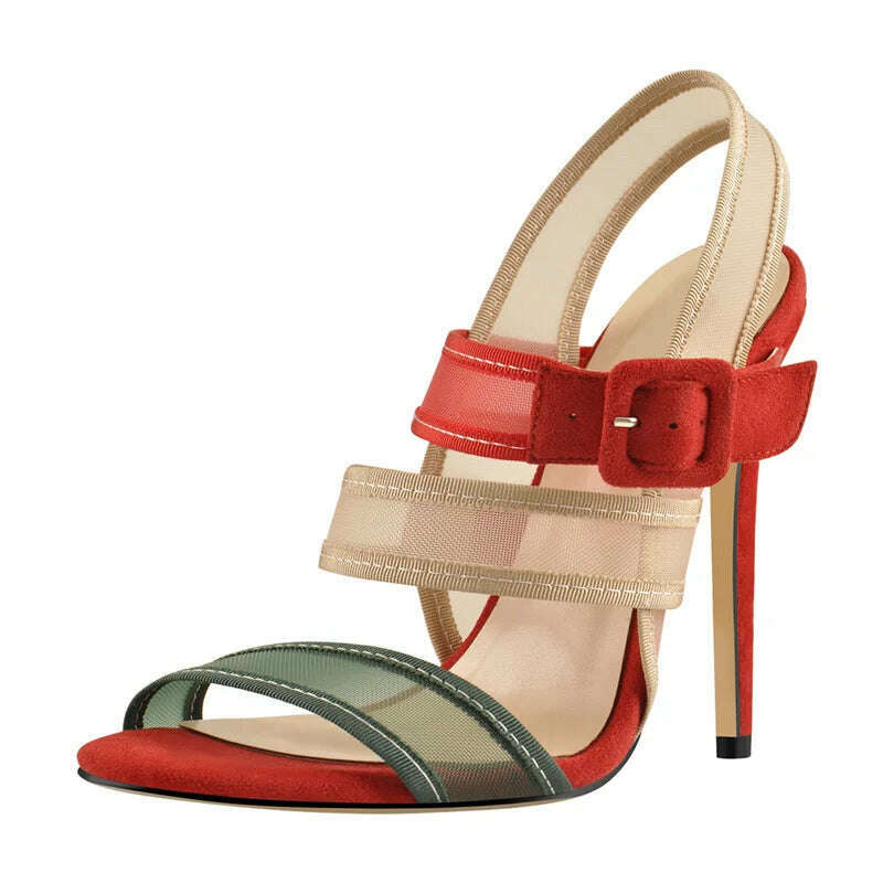 KIMLUD, Onlymaker Women Stiletto High Heels Sandals Mesh Ankle Buckle Black Red Flock Peep Toe Large SizeSummer Sandals, KIMLUD Womens Clothes