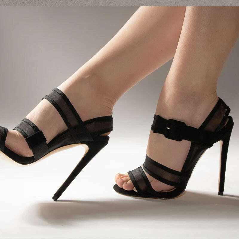 KIMLUD, Onlymaker Women Stiletto High Heels Sandals Mesh Ankle Buckle Black Red Flock Peep Toe Large SizeSummer Sandals, KIMLUD Womens Clothes