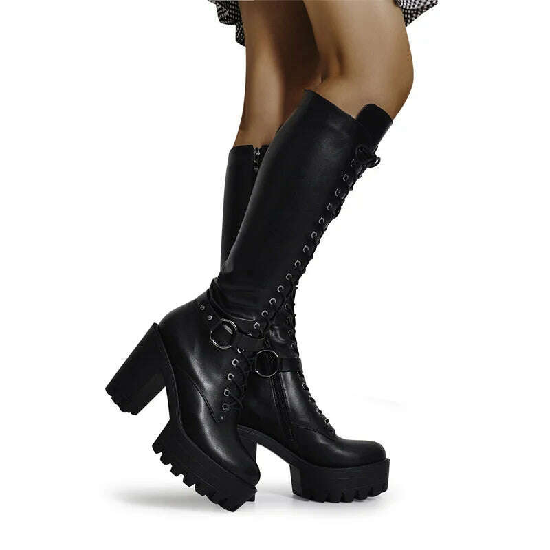 KIMLUD, Onlymaker Women's Black Matte Platform Front Lace-Up Side Zip Knee High Boots Lady Fashion Classic Big Size Winter Boots, KIMLUD Womens ClothesKIMLUD, Onlymaker Women's Black Matte Platform Front Lace-Up Side Zip Knee High Boots Lady Fashion Classic Big Size Winter Boots, KX200810A / 5, KIMLUD APPAREL - Womens Clothes