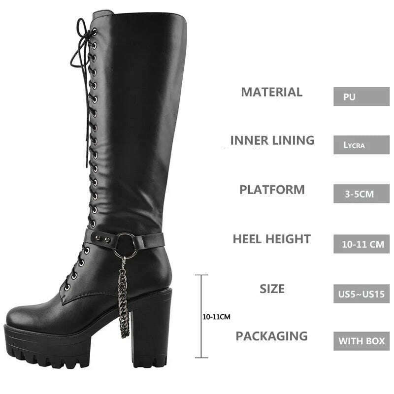KIMLUD, Onlymaker Women's Black Matte Platform Front Lace-Up Side Zip Knee High Boots Lady Fashion Classic Big Size Winter Boots, KIMLUD Womens Clothes