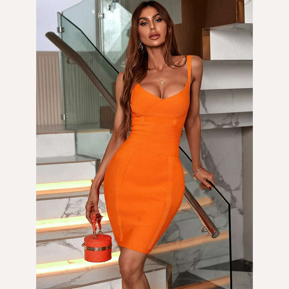 KIMLUD, Orange Bandage Dress 2022 New Women's Midi Bodycon Dress Elegant Sexy Evening Club Party Dress High Quality Summer Outfits, KIMLUD Womens Clothes