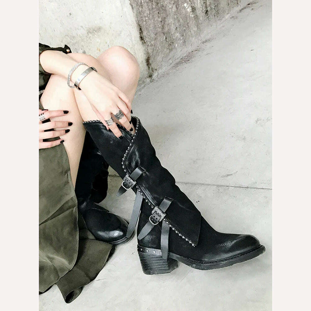 KIMLUD, Original Retro Boots Medium Heeled Roman Style Buckle Decor Genuine Cow Leather Shoes Mid-Calf Round Toe Scrub Boots Winter Fall, black / 34, KIMLUD APPAREL - Womens Clothes