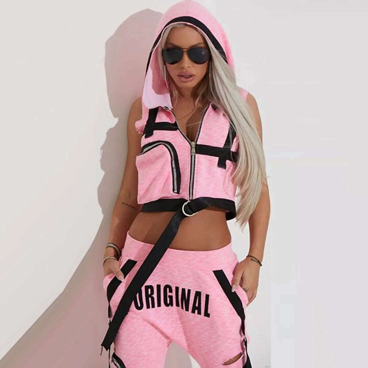 KIMLUD, Oshoplive Fashion Hooded Zipper Vest&amp;Hole Pants Suits Women Casual Spring&amp;Autumn Sportswear Sleeveless Sweatpants For Women, PINK / S, KIMLUD Womens Clothes