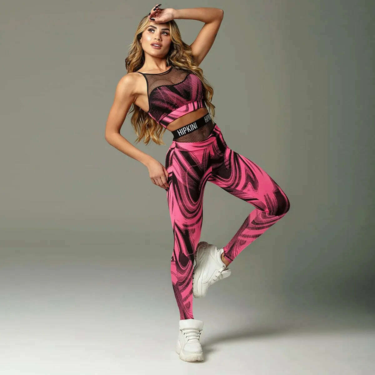 KIMLUD, Oshoplive Female Sportswear Two Pieces Set Sports Red Printed Patchwork Mesh Tanks&amp;Leggings Gym Yoga Suits for Women 2022 New, PINK / S, KIMLUD Womens Clothes