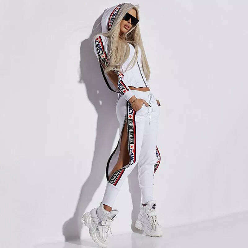 KIMLUD, Oshoplive Split-Side Hooded Jackets&Pants Suits Casual Letter Print 2 Piece Set Women Zipper Gym Set Women Leisure Sportswear, KIMLUD Womens Clothes