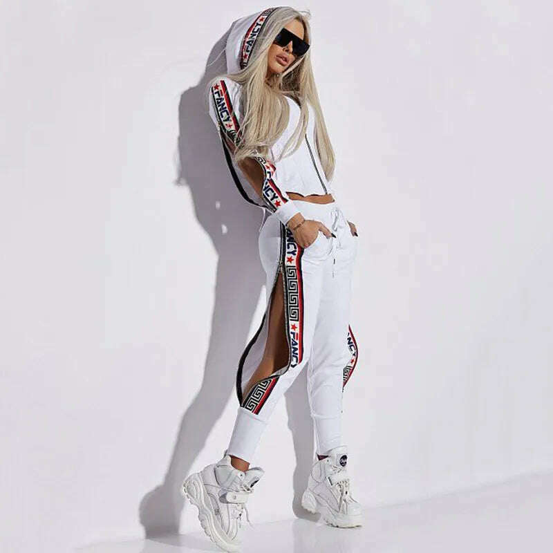 KIMLUD, Oshoplive Split-Side Hooded Jackets&amp;Pants Suits Casual Letter Print 2 Piece Set Women Zipper Gym Set Women Leisure Sportswear, WHITE / S, KIMLUD Womens Clothes