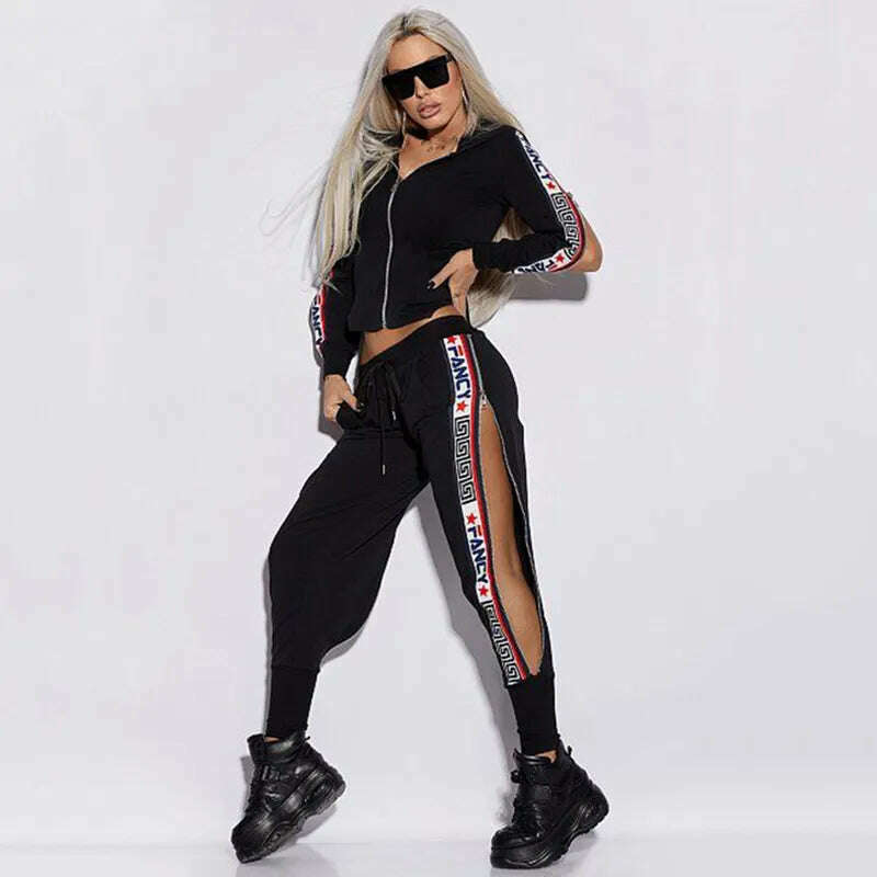 KIMLUD, Oshoplive Split-Side Hooded Jackets&amp;Pants Suits Casual Letter Print 2 Piece Set Women Zipper Gym Set Women Leisure Sportswear, BLACK / S, KIMLUD Womens Clothes