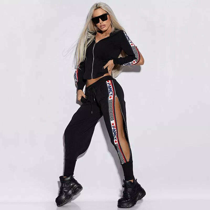 KIMLUD, Oshoplive Split-Side Hooded Jackets&Pants Suits Casual Letter Print 2 Piece Set Women Zipper Gym Set Women Leisure Sportswear, KIMLUD Womens Clothes