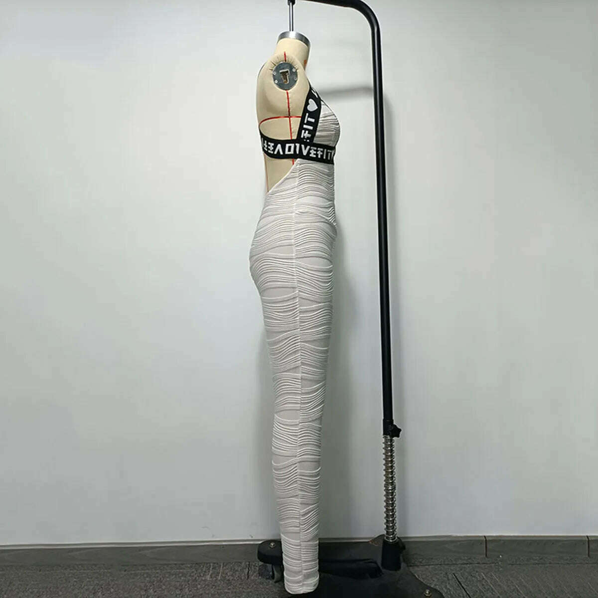 KIMLUD, Oshoplive Women Sexy Textured Back-Cross Letter Print Sculpt Wrap Sport Jumpsuits White Fashion Bodysuit 2022 Elegant, KIMLUD Womens Clothes