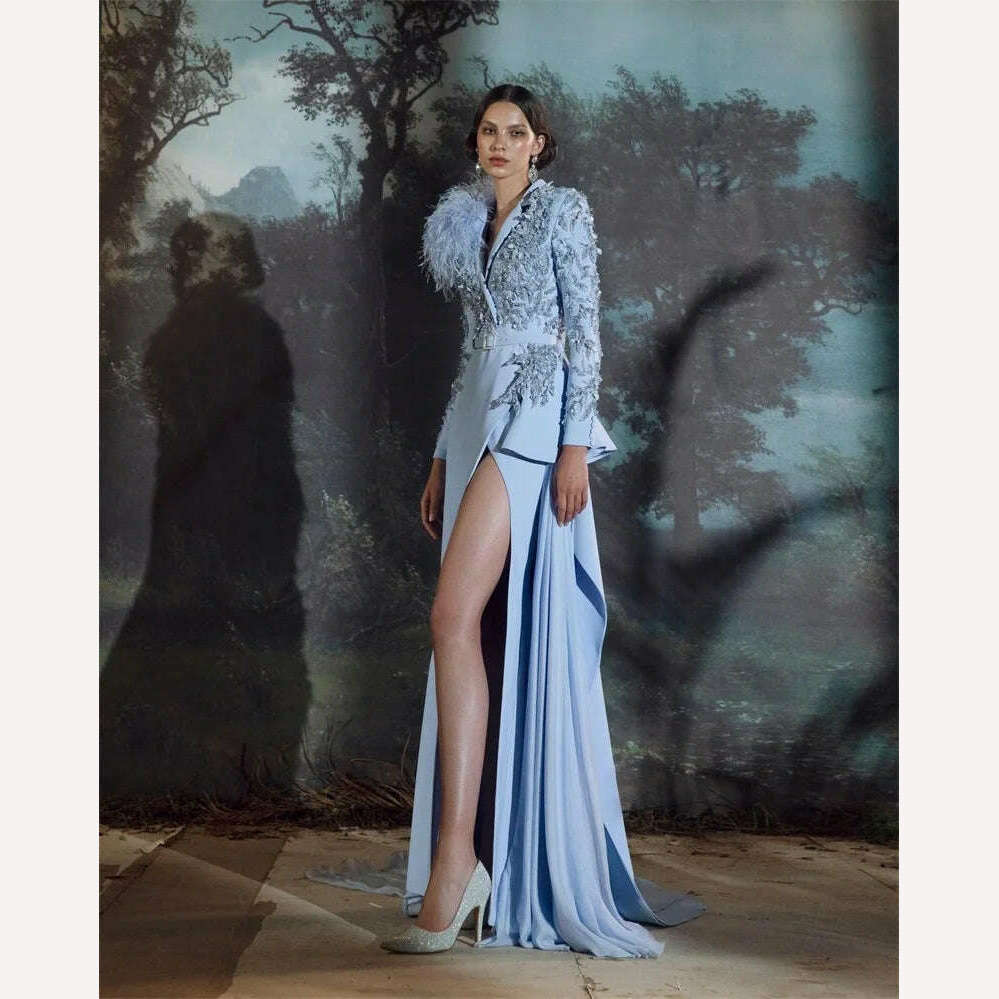 Ostrich Feather Wrap Women Long Prom Dress With Belt Luxury Appliqued Beads Evening Party Gowns Side Split Jacket Custom Made - KIMLUD