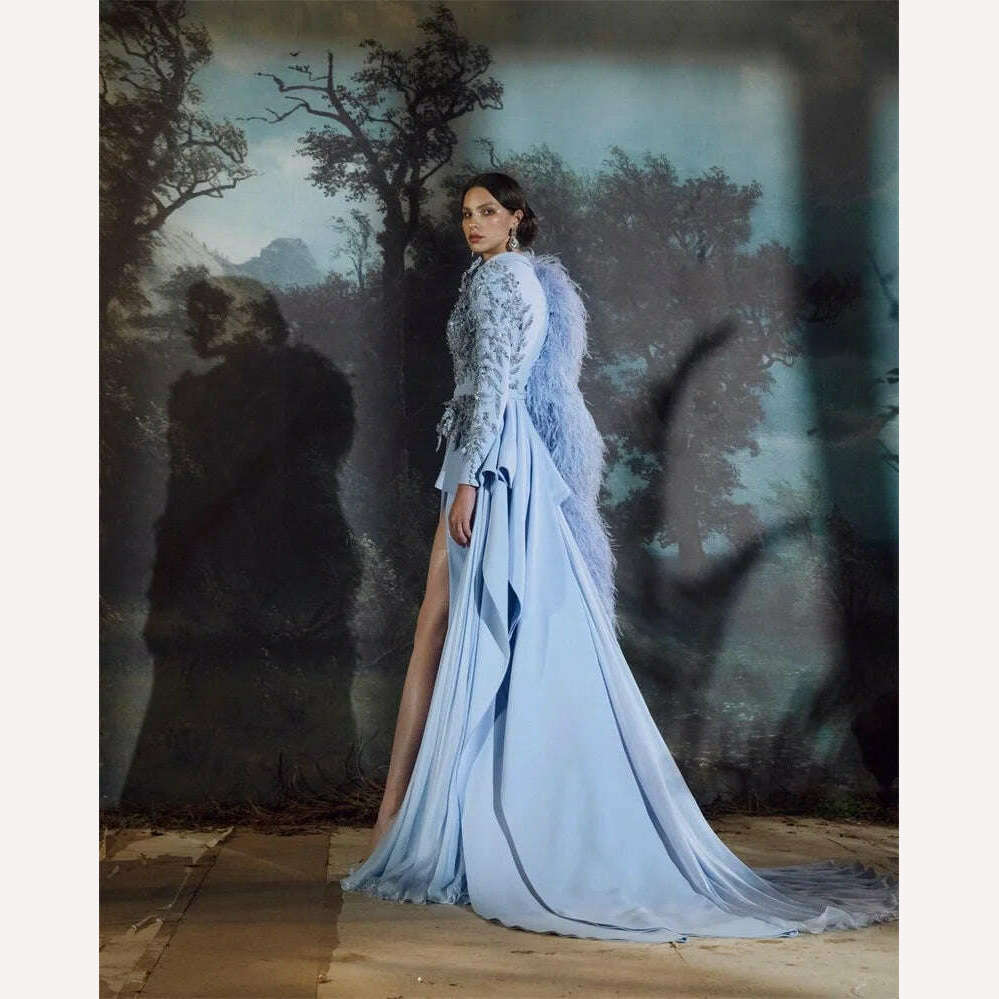 Ostrich Feather Wrap Women Long Prom Dress With Belt Luxury Appliqued Beads Evening Party Gowns Side Split Jacket Custom Made - KIMLUD