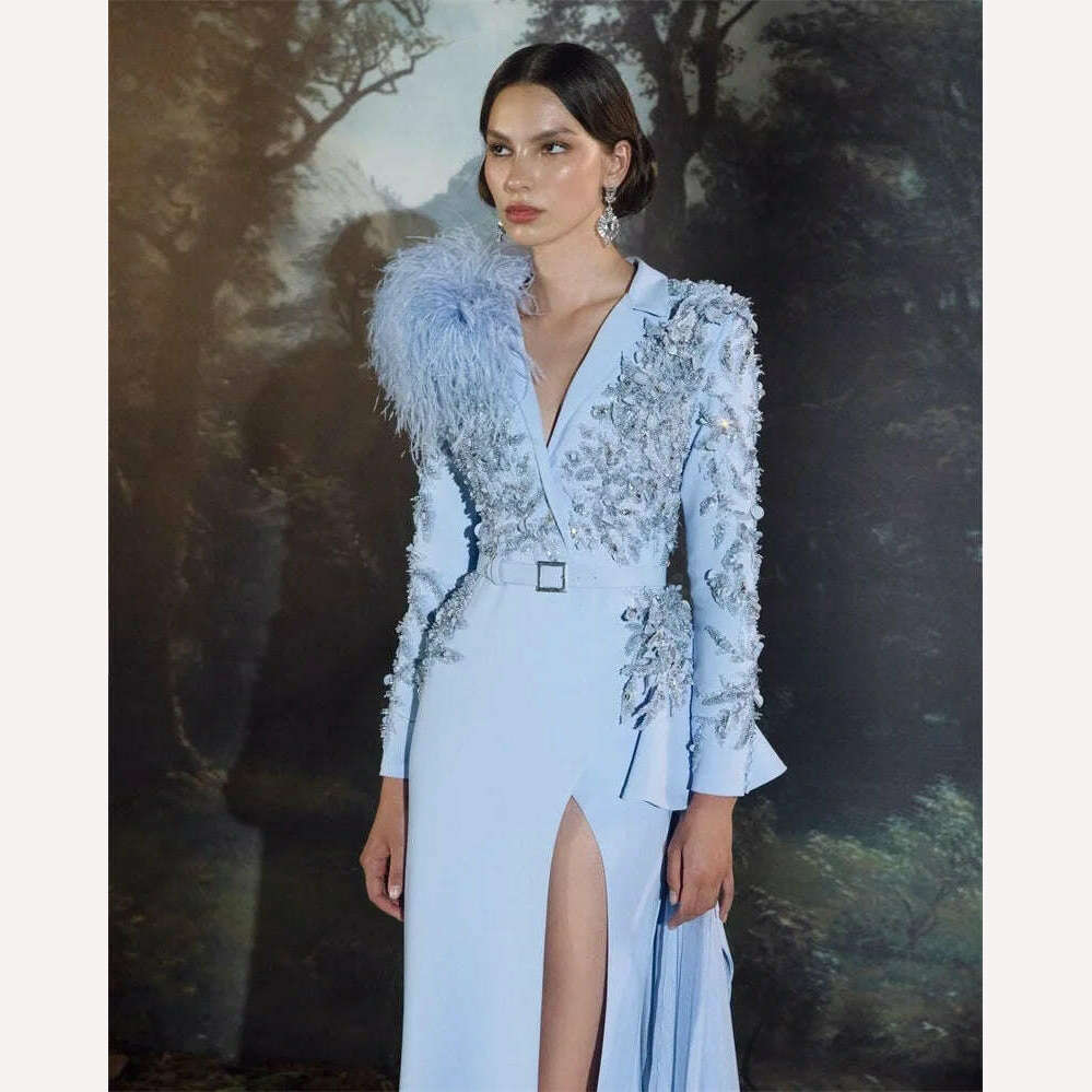 Ostrich Feather Wrap Women Long Prom Dress With Belt Luxury Appliqued Beads Evening Party Gowns Side Split Jacket Custom Made - KIMLUD