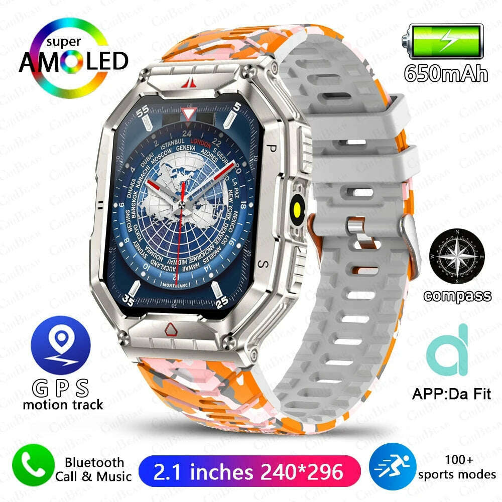 KIMLUD, Outdoor Sports Compass Smart Watch GPS Tracking 650Mah Battery 1ATM Waterproof Voice Assistant Bluetooth Call Smartwatch for Men, Orange camouflage, KIMLUD APPAREL - Womens Clothes