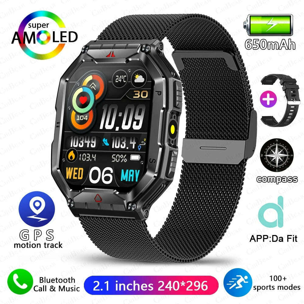 KIMLUD, Outdoor Sports Compass Smart Watch GPS Tracking 650Mah Battery 1ATM Waterproof Voice Assistant Bluetooth Call Smartwatch for Men, black mesh belt, KIMLUD APPAREL - Womens Clothes