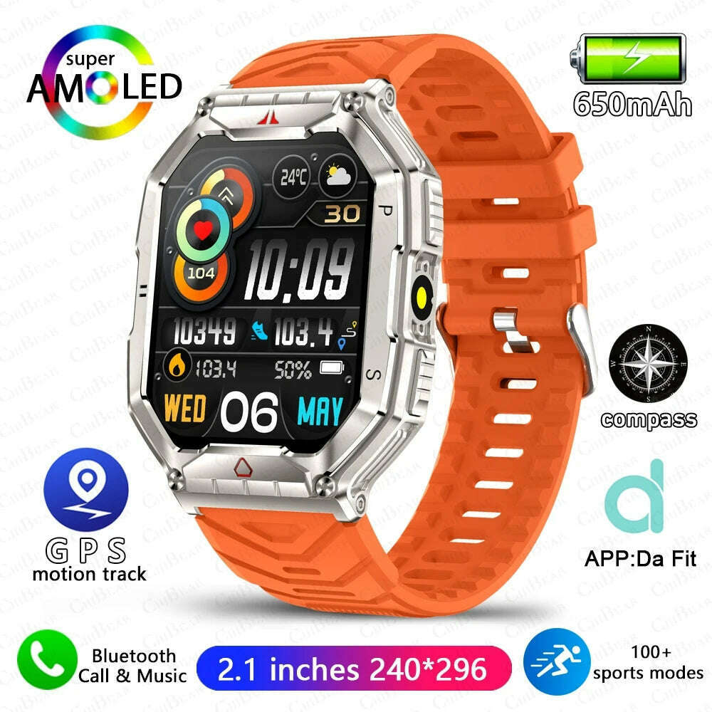 KIMLUD, Outdoor Sports Compass Smart Watch GPS Tracking 650Mah Battery 1ATM Waterproof Voice Assistant Bluetooth Call Smartwatch for Men, orange, KIMLUD APPAREL - Womens Clothes