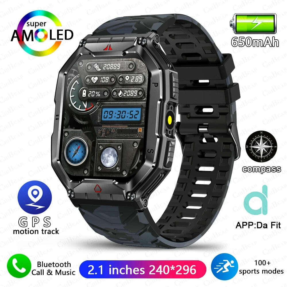 KIMLUD, Outdoor Sports Compass Smart Watch GPS Tracking 650Mah Battery 1ATM Waterproof Voice Assistant Bluetooth Call Smartwatch for Men, Camouflage Black, KIMLUD APPAREL - Womens Clothes