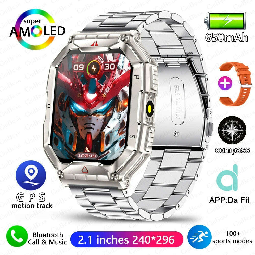 KIMLUD, Outdoor Sports Compass Smart Watch GPS Tracking 650Mah Battery 1ATM Waterproof Voice Assistant Bluetooth Call Smartwatch for Men, silver steel, KIMLUD APPAREL - Womens Clothes