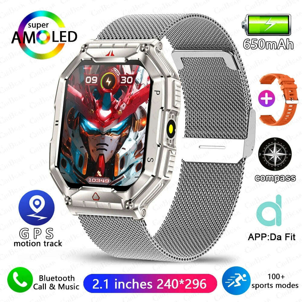 KIMLUD, Outdoor Sports Compass Smart Watch GPS Tracking 650Mah Battery 1ATM Waterproof Voice Assistant Bluetooth Call Smartwatch for Men, Silver mesh belt, KIMLUD APPAREL - Womens Clothes