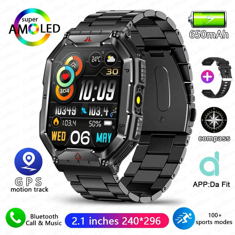 KIMLUD, Outdoor Sports Compass Smart Watch GPS Tracking 650Mah Battery 1ATM Waterproof Voice Assistant Bluetooth Call Smartwatch for Men, black steel, KIMLUD APPAREL - Womens Clothes